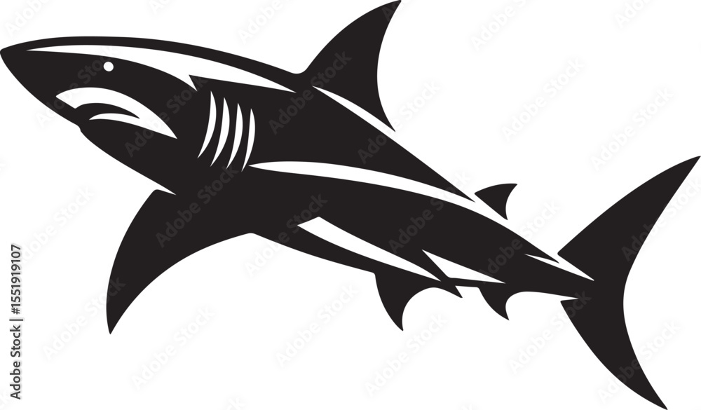 Obraz premium Shark Fish Black Silhouette Vector, Ocean Predator Clipart & Marine Wildlife Design