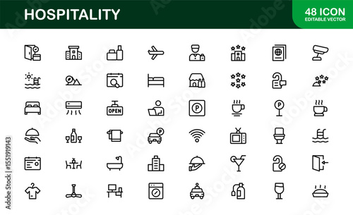 Professional Hospitality Icon Collection with Line Art Symbols for Hotels, Travel, Food Service, Customer Experience, and Tourism