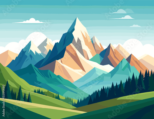 Pixel Art Mountain Range Landscape with Lush Green Valleys and Snow Capped Peaks in Digital Retro Style