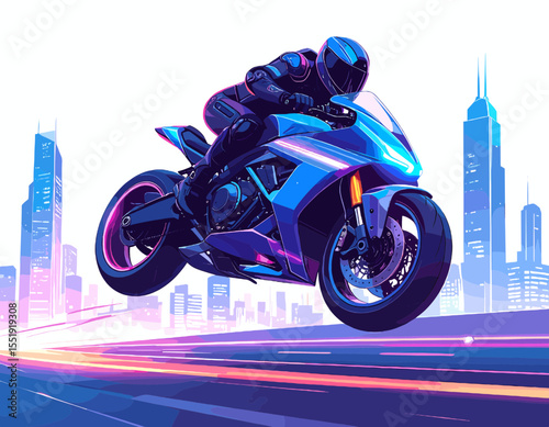 Pixel Art of Motorcyclist Riding at High Speed with a Blue Motorcycle on a Blurring Background of Urban City at Night