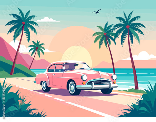 Pixel Art Pink Classic Car on Coastal Road with Palm Trees at Sunset in Tropical Setting