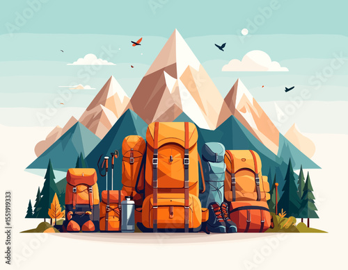 Pixel Art of Orange Backpacks Set Against a Blue Mountain Landscape with Birds Flying Above in Vector Illustration