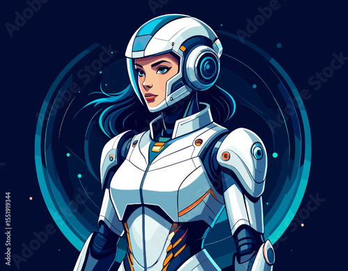 Pixel Art Portrait of a Confident Woman in White Futuristic Suit with Blue Accents and Digital Circle on a Dark Blue Background