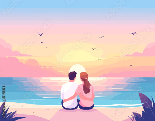 Pixel Art Romantic Couple Embracing at Sunset on a Tropical Beach with Pink and Blue Sky and Teal Ocean