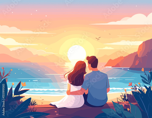 Pixel Art Romantic Couple Enjoying Golden Sunset at Ocean Beach with Mountains in the Background Featuring Calm Waters and Warm Colors