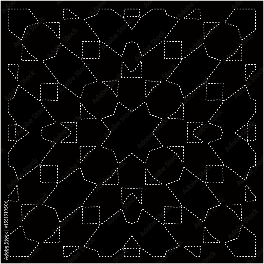 Naklejka premium Black background with figures from dots . Black and white pattern for web page, textures, card, poster, fabric, textile. Repeating design.