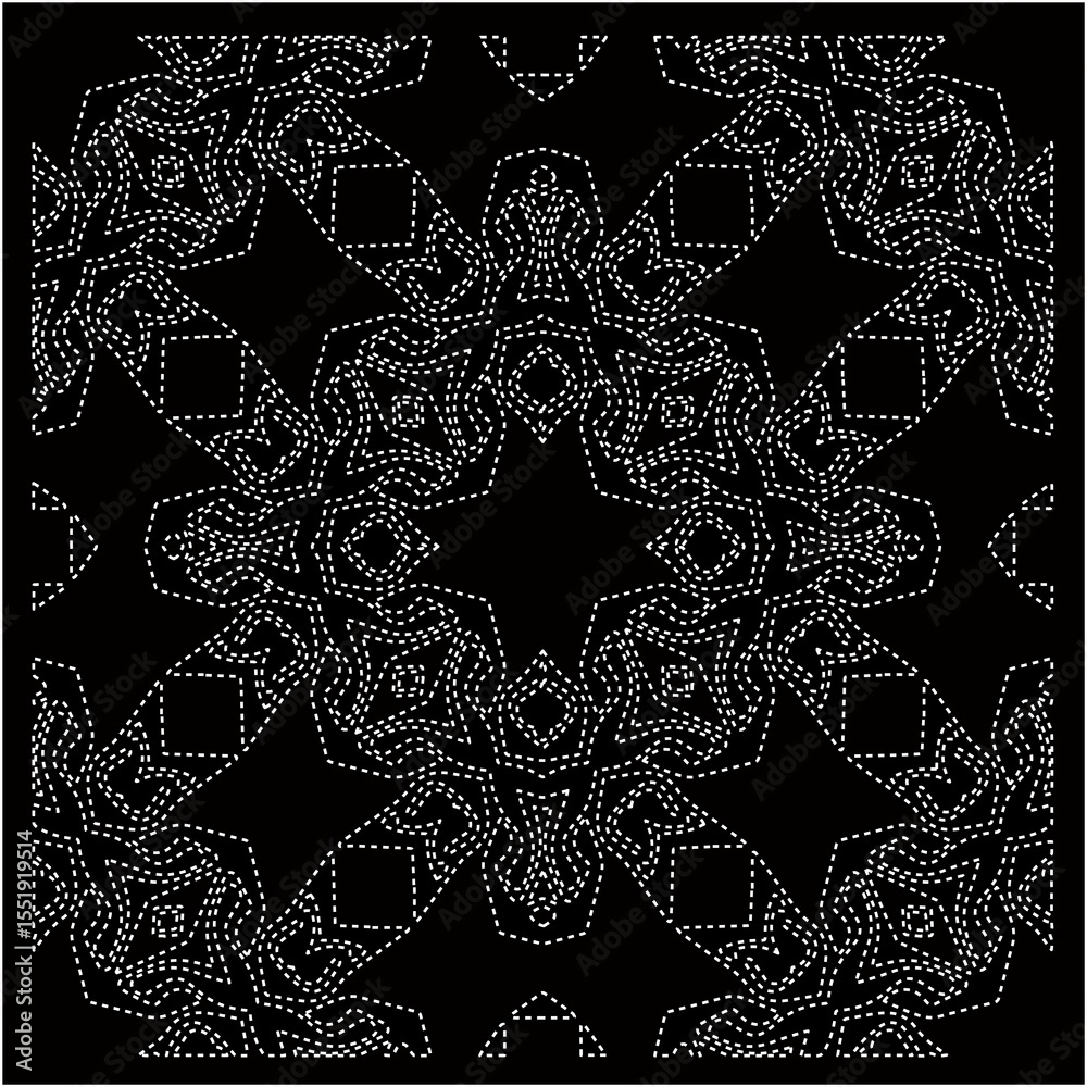 Fototapeta premium Black background with figures from dots . Black and white pattern for web page, textures, card, poster, fabric, textile. Repeating design.