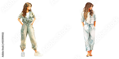 cute woman wearing jumpsuit watercolor vector illustration