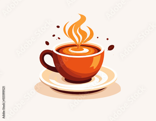 Pixel Art Style Orange Coffee Cup with Rising Steam on White Background with Brown Plate and Decorative Elements