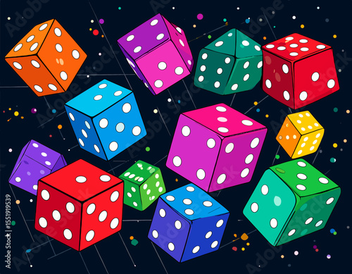 Pixel Art Style Rendering of Multiple Colorful Dice Floating Against a Dark Background Depicting Gaming and Chance
