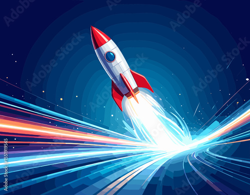 Pixel Art Style Rocket Launching with Blue Trail and Red Flame Against a Dark Blue Space Backdrop