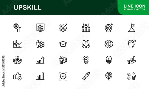 Upskill Line Icon Set – Modern, Minimal Outline Icons for Learning, Growth, Skill Development, Career Training, Coaching, Online Courses and Knowledge