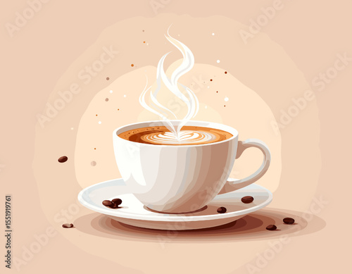 Pixel Art White Coffee Cup with Steam and Coffee Beans on Saucer in Soft Brown Background