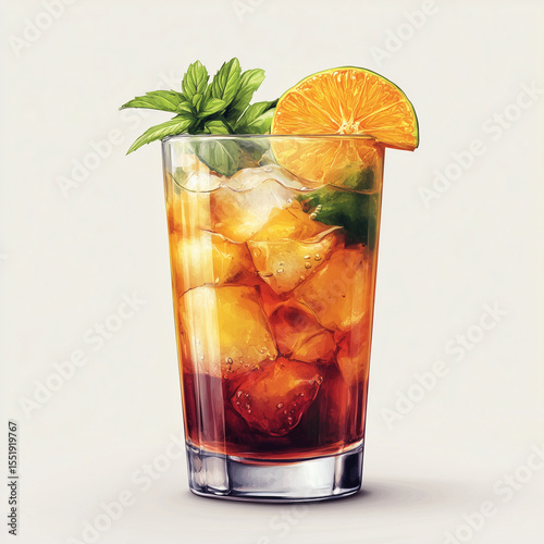 A Refreshing Sip: A tantalizing glass of iced tea is adorned with a sprig of fresh mint and a slice of orange, capturing a moment of pure refreshment. 