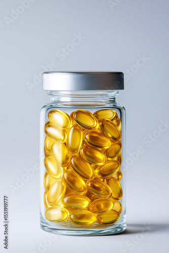 Fish oil capsules in a glass medicine jar. Tablets in jar on white background. Concept: treatment, proper nutrition, vitamins.
