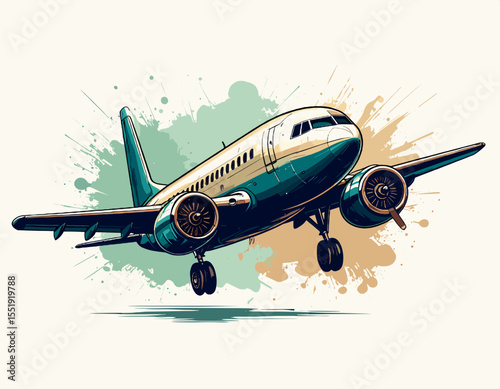 Pixelated Airplane Taking off with Teal Accents and a Splash Background in a Digital Style