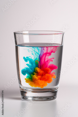 A glass beaker with water and colored paints. Concept: psychological health, mental health.