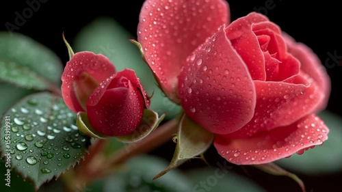 Closeup macro of red rose and bud covered in dew drops with green leaves and soft black background.