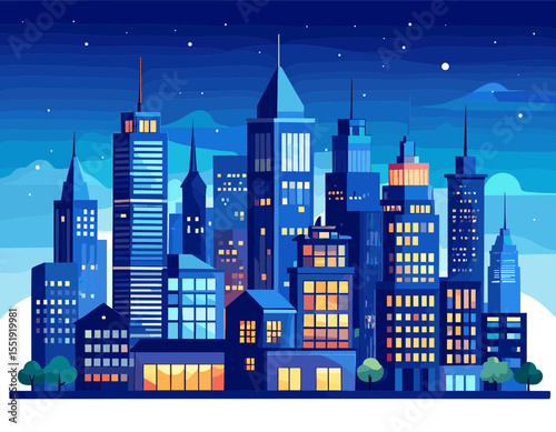 Pixelated Cityscape at Night with Glowing Windows Against Dark Blue Sky