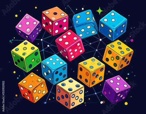 Pixelated Dice Cubes with Colorful Dots and Geometric Patterns in Retro Style Pixel Art on Dark Background