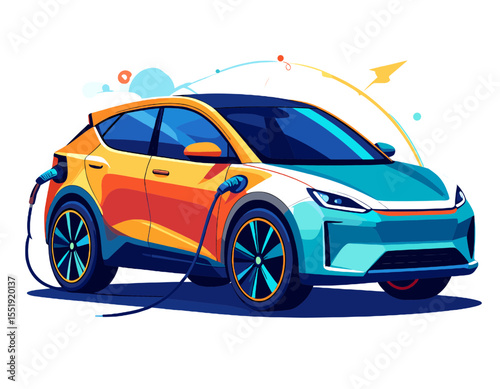 Pixelated Electric Car Charging with Two Plugs Featuring Orange and Teal Color Palette on a Clean White Background