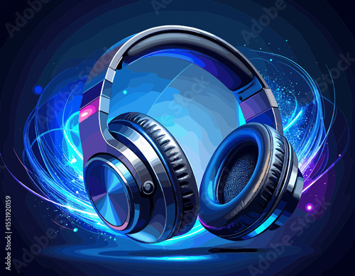 Pixelated Headphones with Blue Light Effect on Dark Background for Music and Audio Entertainment