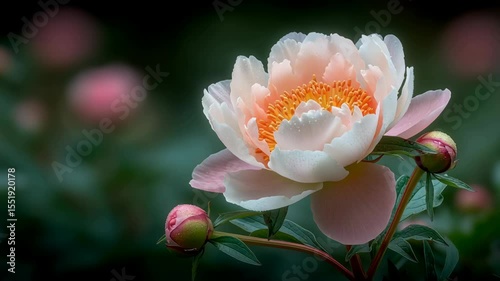 Soft pale peony flower blooming among buds with dark moody garden background, captured in natural light.