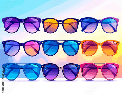Pixelated Sunglasses Collection in Vibrant Colors with Retro Style and Patterned Background
