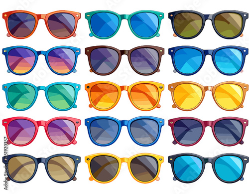 Pixelated Sunglasses Array in Varied Colors Retro Style Fashion Accessory Eyewear Collection on White Background