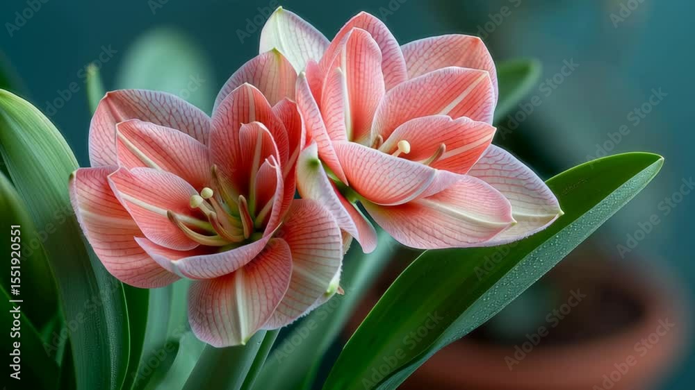 Time-lapse image of twin amaryllis flowers blooming with striped petals and green leaves in soft garden light.