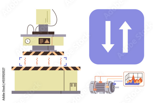 Mechanical vibration testing machine analyzing functionality with motor and data chart. Ideal for engineering, testing, automation, quality control, equipment design, predictive maintenance, simple