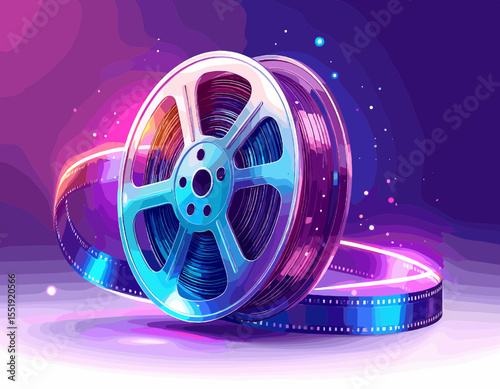 Retro Film Reel with Purple Gradient Background in Pixel Art Style
