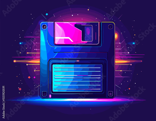 Retro Floppy Disk Pixel Art with Pink and Blue Light on Dark Background Representing Vintage Data Storage Technology
