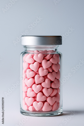 Heart shaped pills in glass medicine jar on white background. Valentine's Day celebration.	