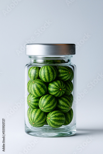Miniature watermelons in a glass medicine jar. Berries in a glass jar.  Concept: medicine, proper nutrition, vitamins. Summer fruits.