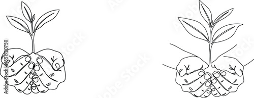 Line Art Illustration Hands Holding a Sapling, Environmental Conservation Concept, Duo Graphic