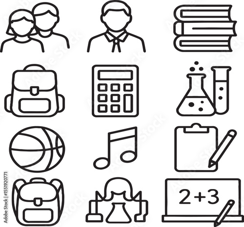 Education and School Icons Set – Outline Vector Illustration
