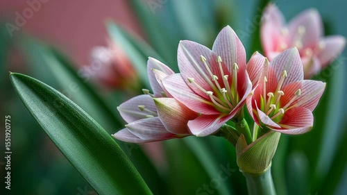 Time-lapse image of striped pink amaryllis buds in natural environment with fresh green leaves and blurred garden background.