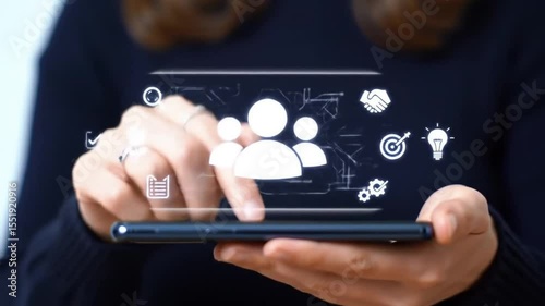 Business Woman Using Smartphone with Augmented Reality Icons for Teamwork and Digital Marketing