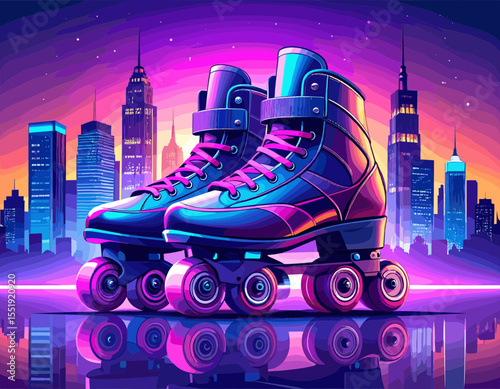 Retro Roller Skates with Neon Glow Reflecting Cityscape at Night with Vibrant Purple and Blue Hues