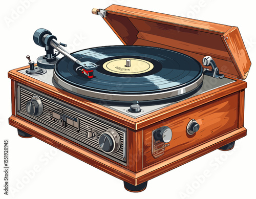 Retro Style Wooden Vinyl Record Player with Open Lid and Detailed Pixel Art Depiction in Vintage Brown and Black