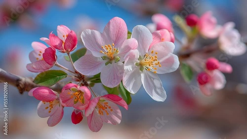 Time-lapse capture of pink and white apple flowers blooming from tight buds on tree branch with clear blue sky backdrop.
