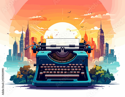 Retro Typewriter Against City Skyline at Sunset in Pixel Art Style with Trees in the Foreground and Warm Orange Hues