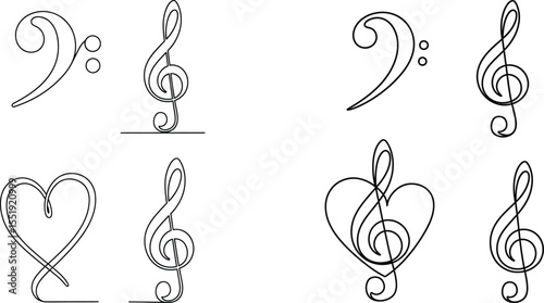 Line Art Music Notes and Symbols Bass Clef, Treble Clef, Heart Motifs