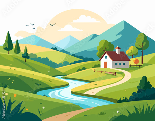 Rural Countryside Landscape with a Flowing River and Distant Mountains Under a Sunny Sky with Green Fields and a Quaint House