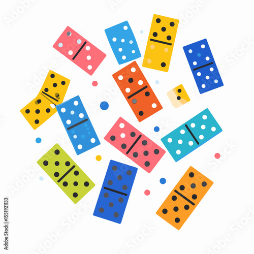 Scattered Domino Tiles in Vibrant Colors on White Backdrop Playful Game Illustration Featuring Random Arrangement with Multicolored Dots