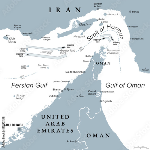 Strait of Hormuz, gray political map. Only sea passage from the Persian Gulf to the open ocean. One of the most strategically important choke points of the world for trading oil and natural gas.