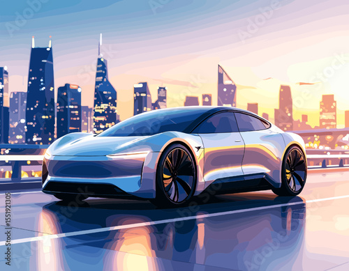 Sleek Blue Car Driving in Modern Urban Cityscape with Sunset Skyline and Futuristic Automotive Design