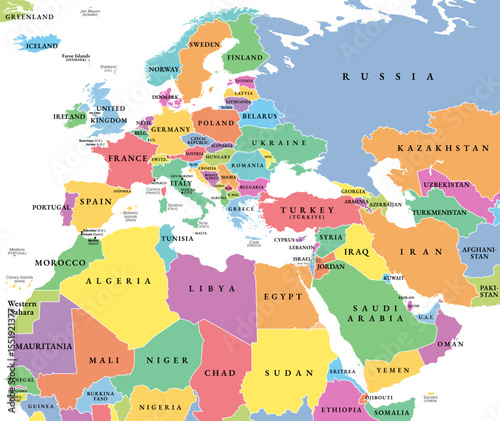 Europe, Middle East, and North Africa, multi colored political map. Overview of the continent Europe, the geopolitical region Middle East, and the northern portion of the African continent. Vector