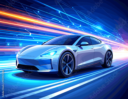 Sleek Silver Electric Car Speeding Along Futuristic Highway with Blue and Orange Light Streaks Digital Illustration